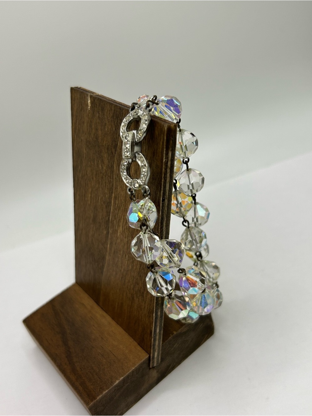 Vintage Double-Strand Aurora Borealis Crystal Bead Bracelet Rhinestone Clasp
